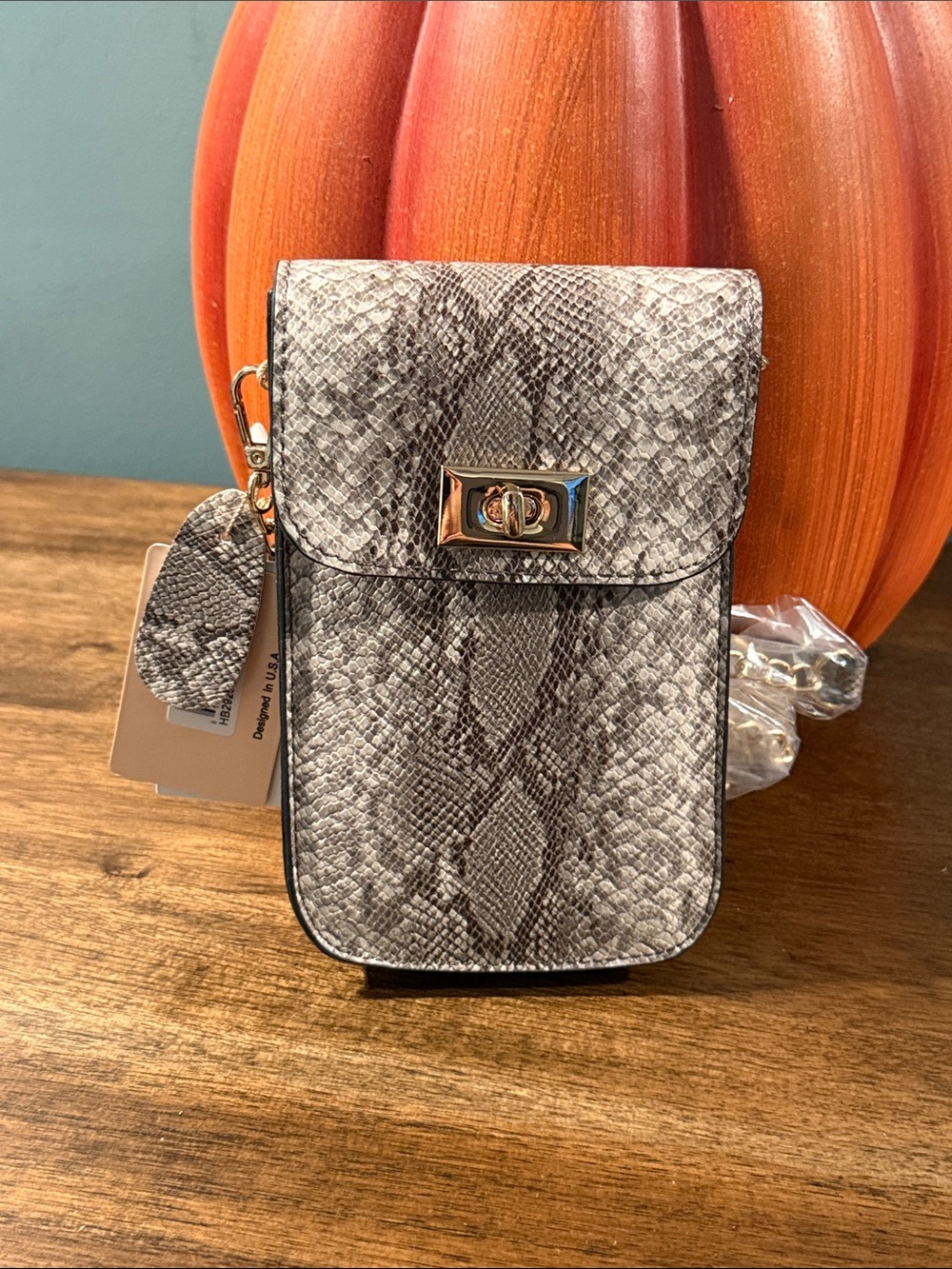 Snake-Print Crossbody Phone Bag with Turn-Lock Closure - Gray